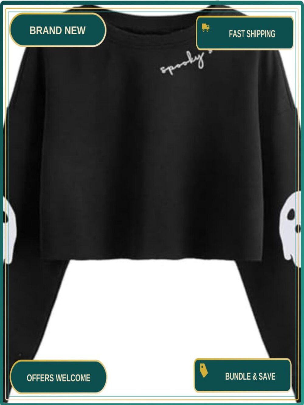 Halloween Ghost Crop Sweatshirt Lantern Sleeve Pullover Women
